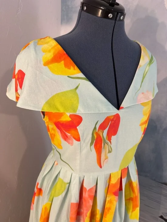 Floral Mint Green Midi Dress with Yellow & Coral Blooms #149 - Picture 4 of 10